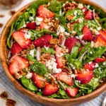 Fresh spinach strawberry salad with feta cheese, pecans, and balsamic dressing.
