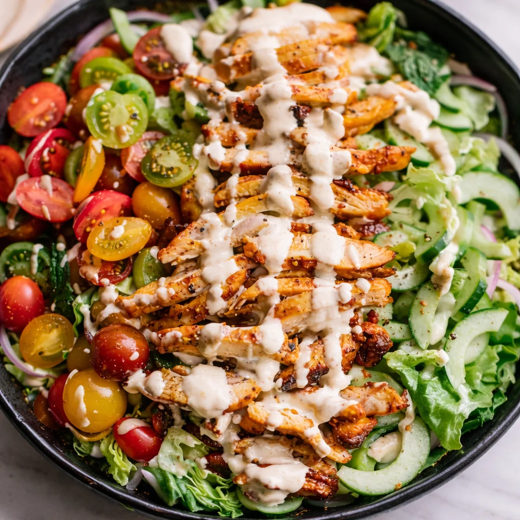 Chicken shawarma salad with tahini dressing, fresh vegetables, and marinated chicken.