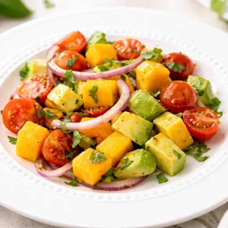 Vibrant avocado mango salad with fresh ingredients like mangoes, avocados, and lime dressing.