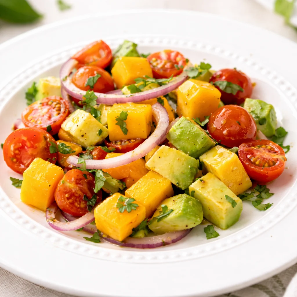 Vibrant avocado mango salad with fresh ingredients like mangoes, avocados, and lime dressing.