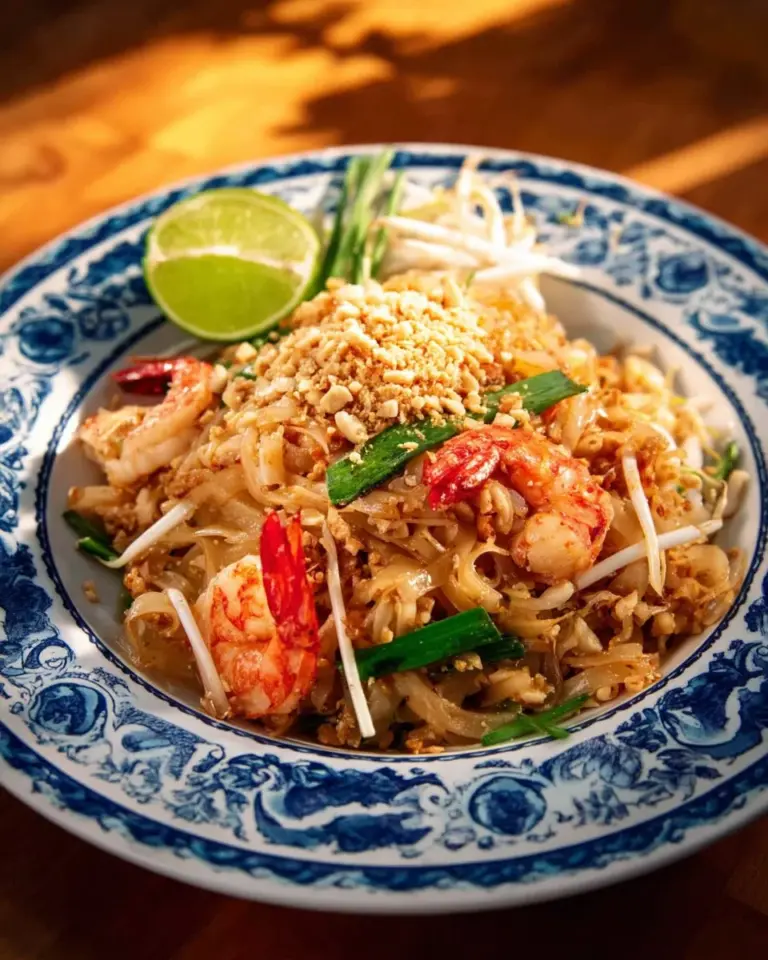 Delicious authentic Pad Thai dish served with lime and peanuts