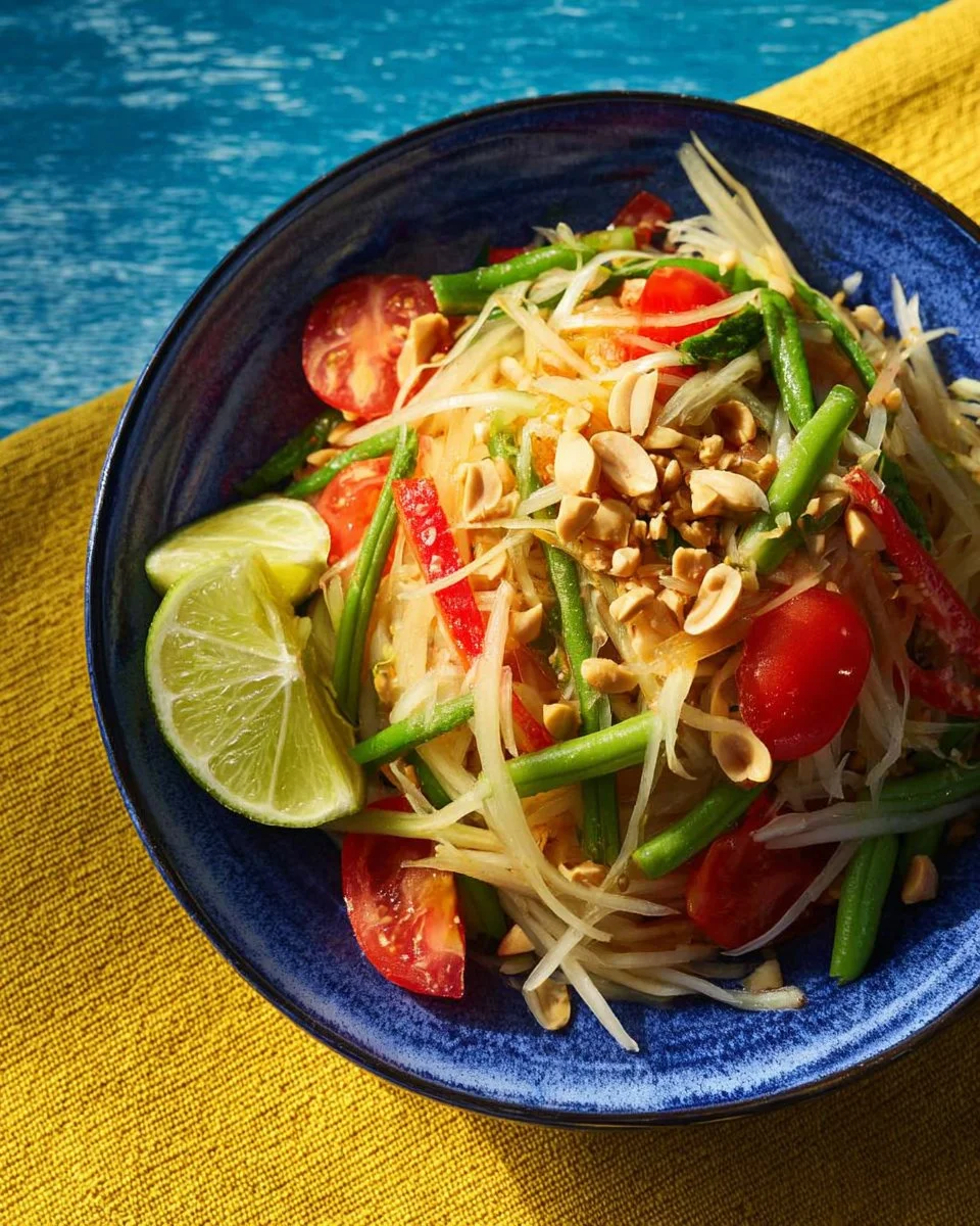 Authentic Thai Papaya Salad (Som Tum Thai) served in a bowl with fresh ingredients