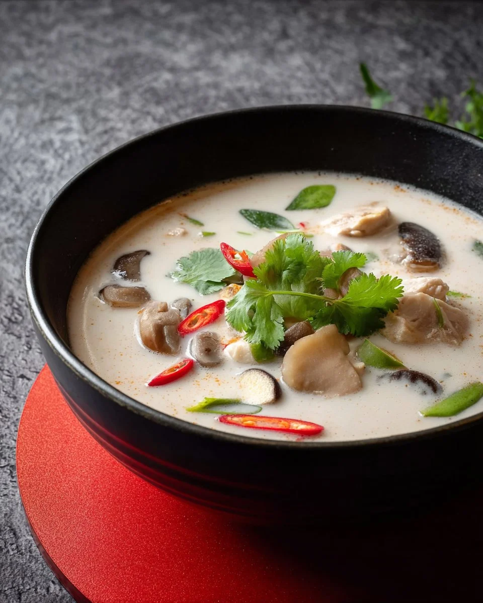 Bowl of authentic Tom Kha Gai, Thai coconut chicken soup with fresh herbs.