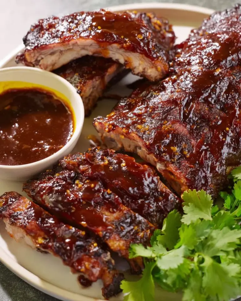 Delicious oven ribs glazed with homemade BBQ sauce on a serving platter