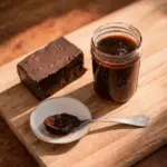 Homemade tamarind paste in a jar with ingredients and utensils around it