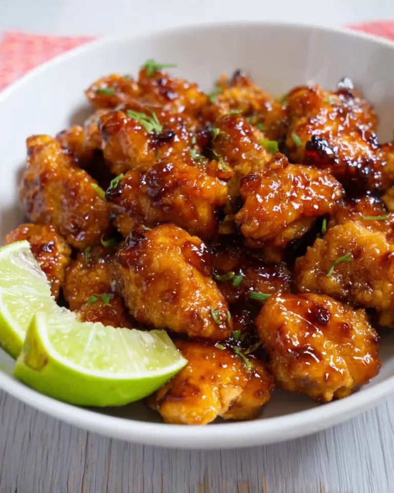 Crispy fried Thai chicken in sweet chili lime sauce served on a plate.