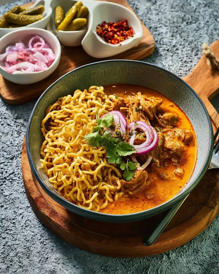 Bowl of Khao Soi, a Northern Thai curry noodle soup with crispy noodles and spices.