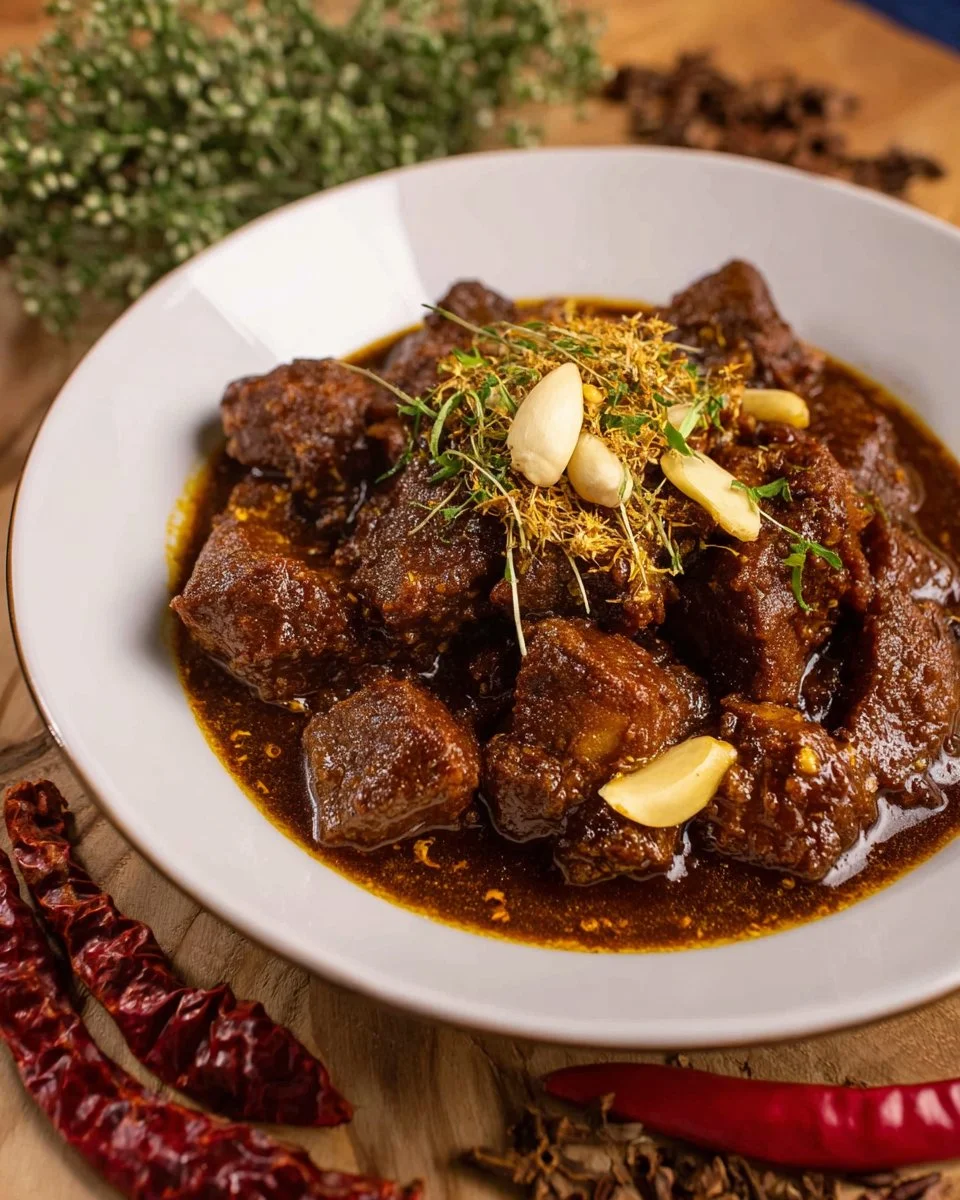 Bowl of Northern Thai Braised Pork Curry served with rice and fresh herbs