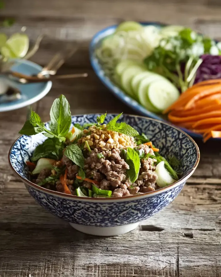 Delicious plate of Northern Thai Laab Kua garnished with fresh herbs and spices