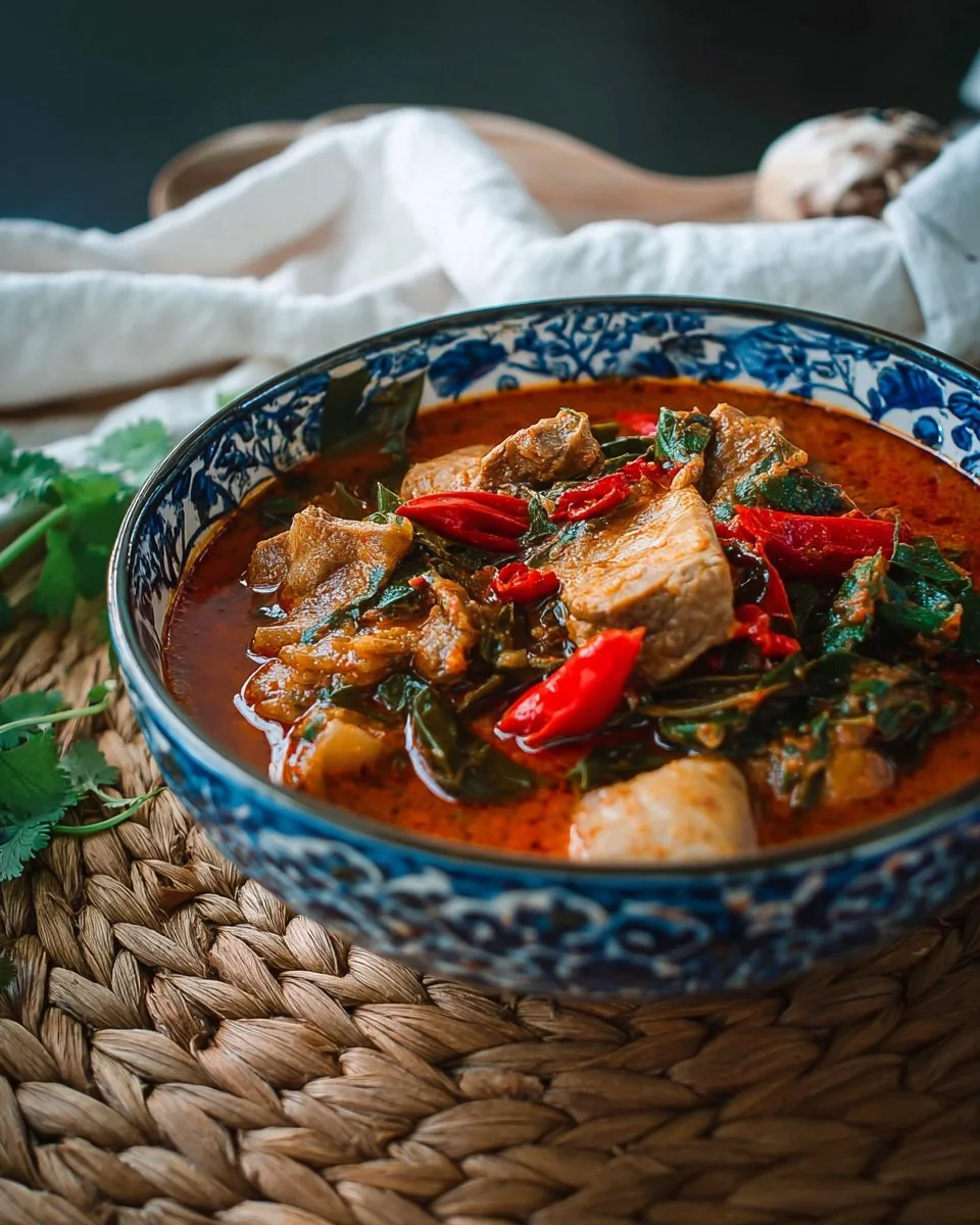 Ribs jackfruit curry with tomato served in a bowl, garnished with fresh herbs.