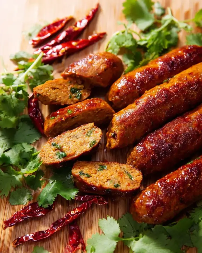 Plate of Sai Ua, traditional Northern Thai sausage, garnished with herbs.