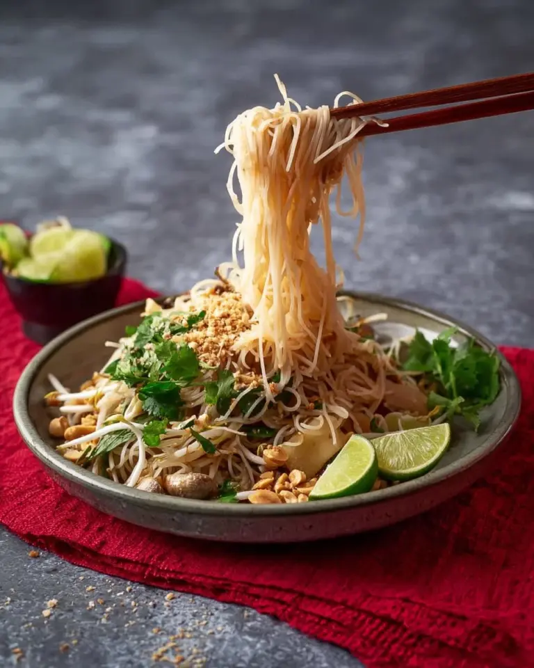 Delicious bowl of Soupless Tom Yum Noodles garnished with fresh herbs and spices