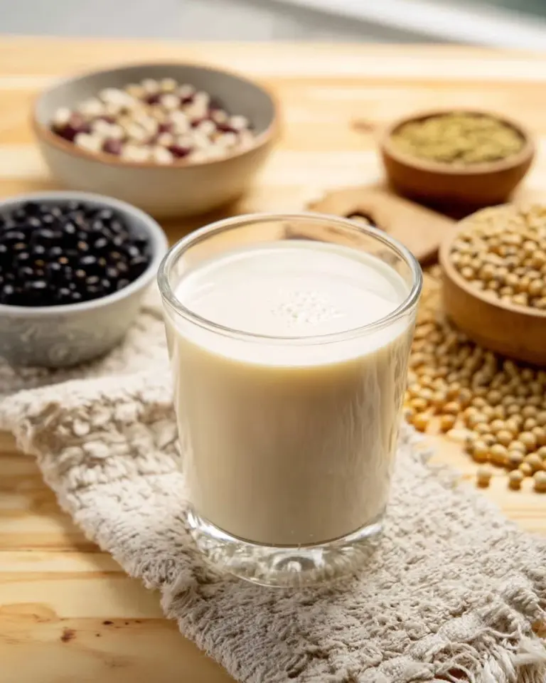Glass of nutritious soy milk with soybeans on a wooden table