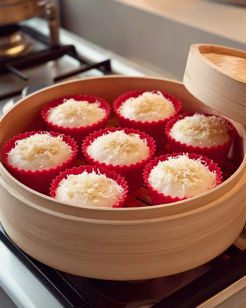 Delicious Thai coconut banana cakes topped with coconut flakes