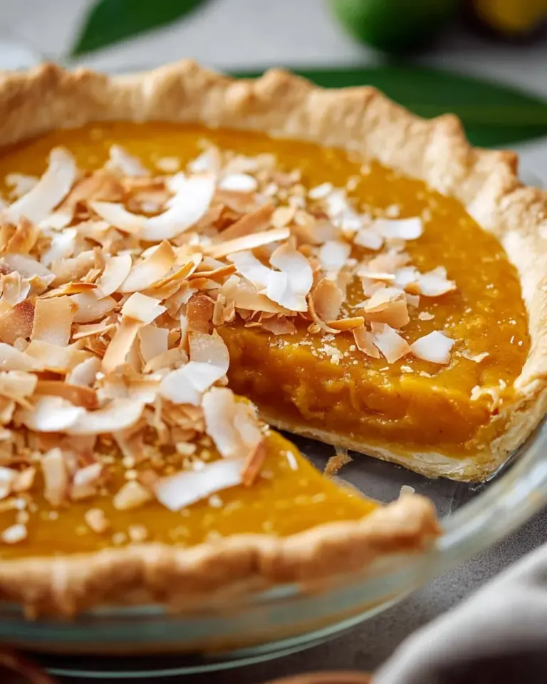Slice of Thai Coconut Pumpkin Pie topped with coconut flakes and spices