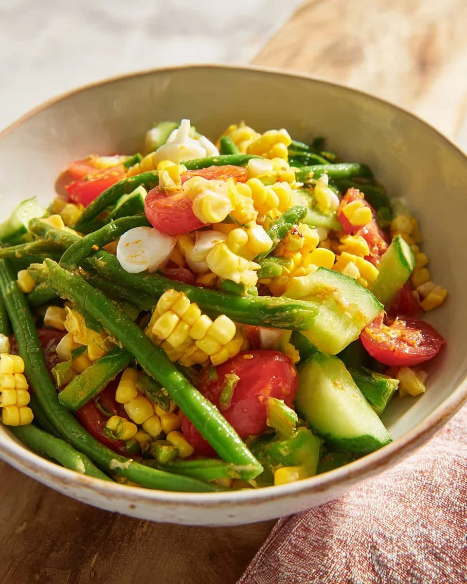 Thai Corn Cucumber Salad with spicy dressing and fresh vegetables