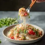 A colorful plate of Thai Glass Noodle Salad (Yum Woon Sen) with fresh vegetables.