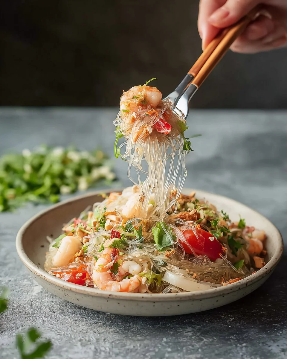 A colorful plate of Thai Glass Noodle Salad (Yum Woon Sen) with fresh vegetables.
