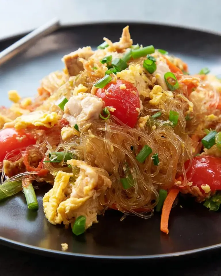 Colorful Thai glass noodle stir-fry with vegetables in a bowl
