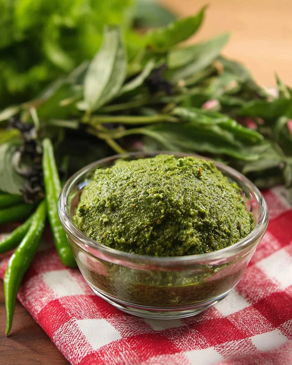 Homemade Thai green curry paste prepared with fresh ingredients