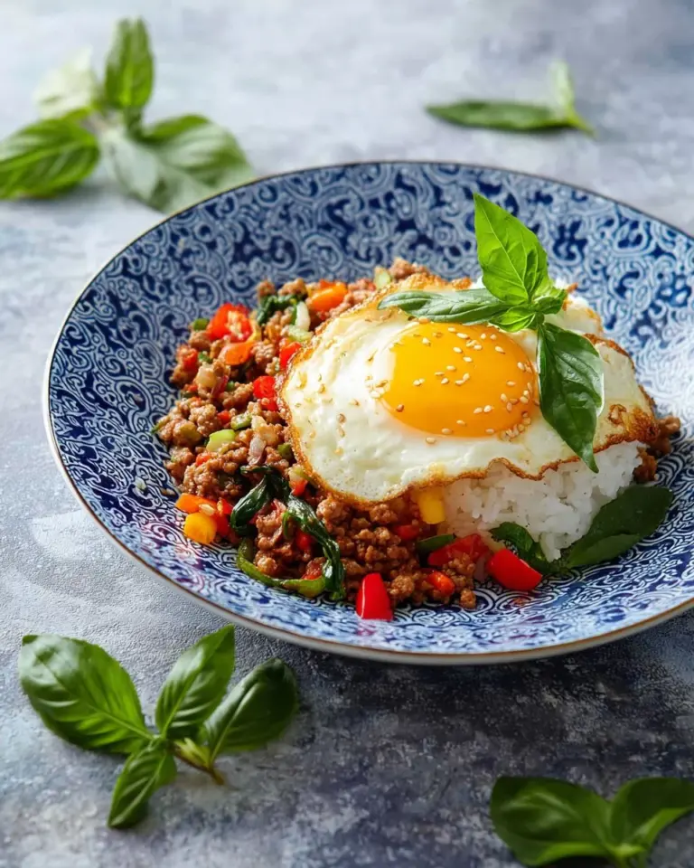 Thai Holy Basil Stir Fry with Beef served in a bowl with fresh basil leaves.