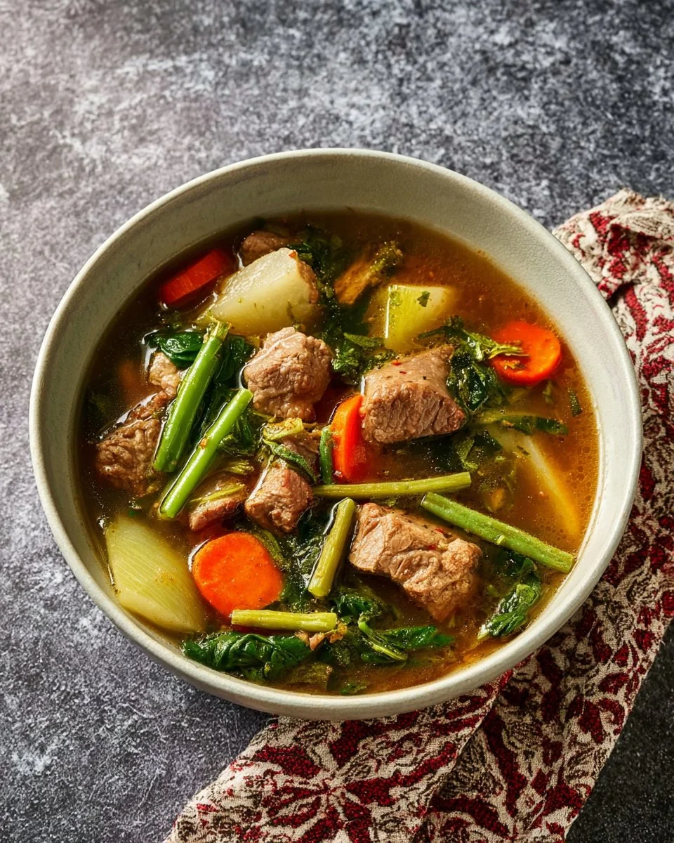 A bowl of Thai Pork Rib Soup with fresh vegetables and herbs