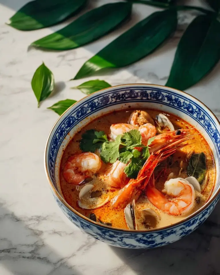 Bowl of Thai Tom Yum Soup with Shrimp garnished with herbs and lime