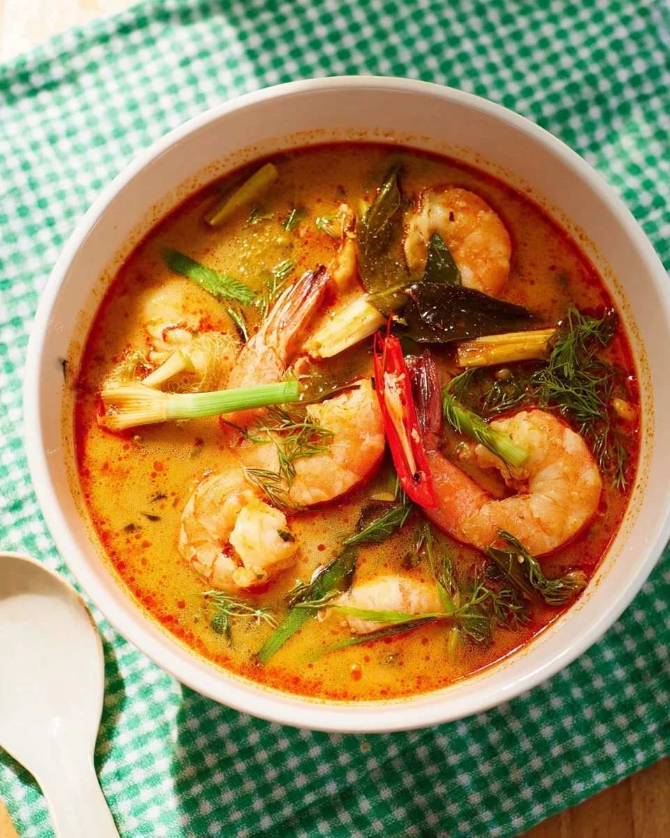 Bowl of creamy Thai Tom Yum soup with shrimp garnished with herbs and spices.