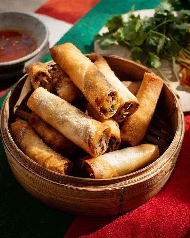 Plate of ultimate crispy veggie spring rolls with dipping sauce.