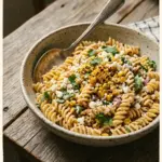 Bowl of Mexican Street Corn Pasta Salad garnished with cilantro and lime.