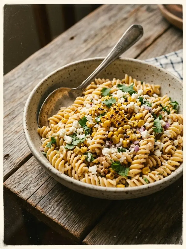 Bowl of Mexican Street Corn Pasta Salad garnished with cilantro and lime.
