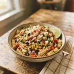 Zesty Mexican Street Corn Chicken Pasta Salad served in a bowl with colorful ingredients