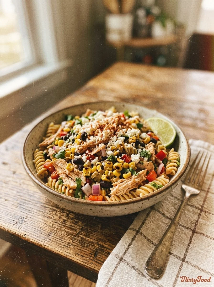 Zesty Mexican Street Corn Chicken Pasta Salad served in a bowl with colorful ingredients